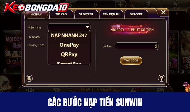Các phương thức nạp tiền/ rút tiền Sunwin